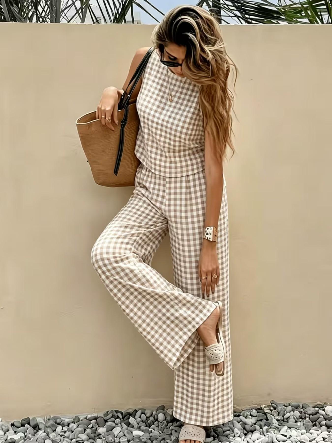 Women's 2-Piece Vintage Plaid Set, Casual Tank Top and Wide-Leg Pants, Summer Comfortable Matching Outfit