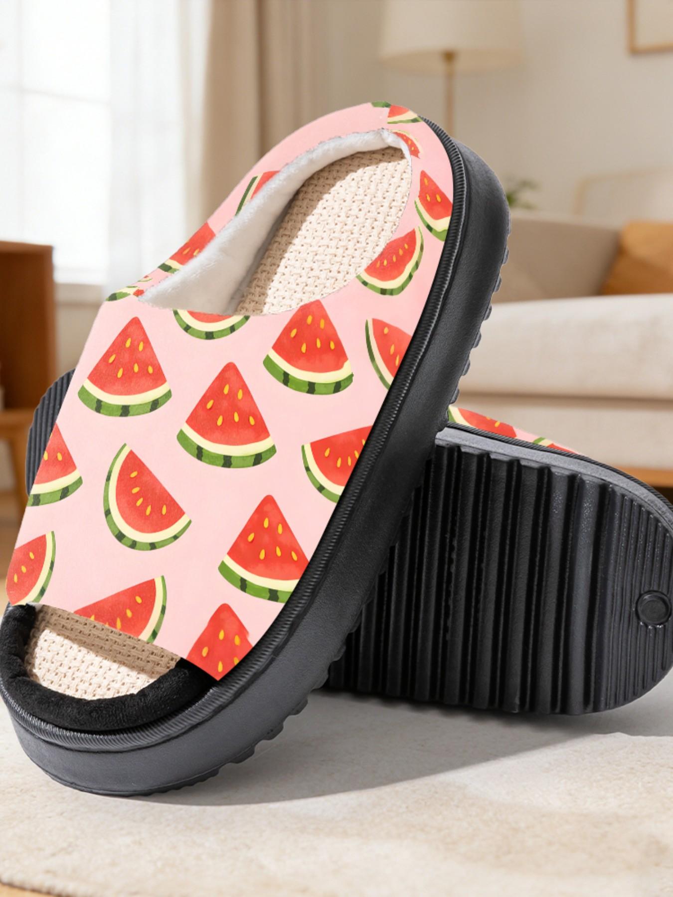 Cute Watermelon Slice Print Linen Open-Toe Sandals, Casual Textile Eva Sole, All-Season Less Than Ankle Height, Cartoon Pattern Design