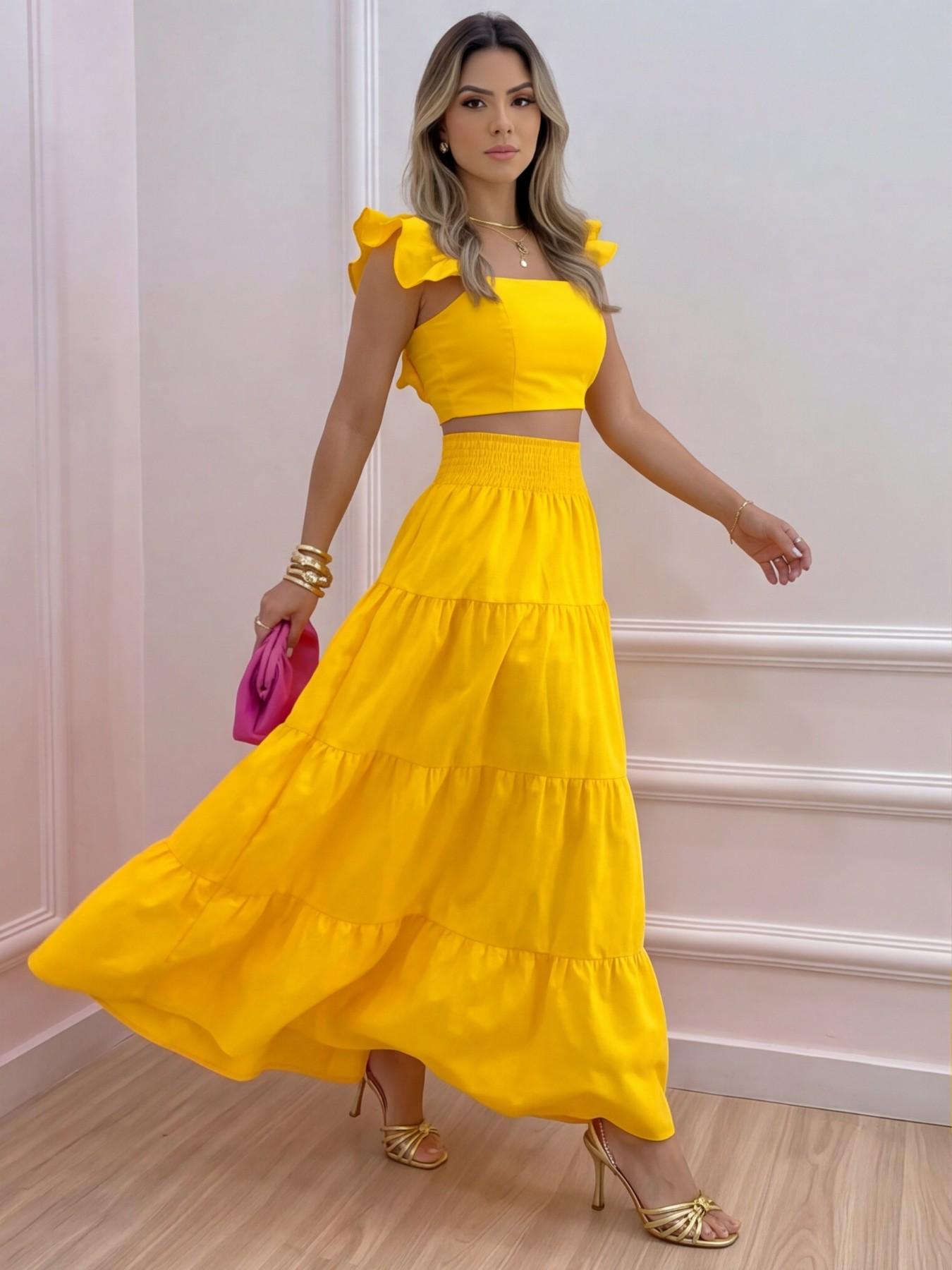 Sexy Vacation, Perfect for Daily Wear, Party Dress, Sleeveless Strap Top Ruffles Skirt Set, Elegant, Chic and Stylish, Ideal for Special Occasions