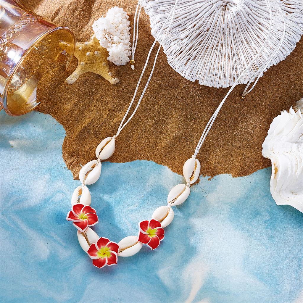 Boho Beach Necklace for Women Handmade Shell and Hibiscus Flower Pendant Summer Vacation Jewelry Tropical Resort Accessory Lightweight Bohemian Style Necklace