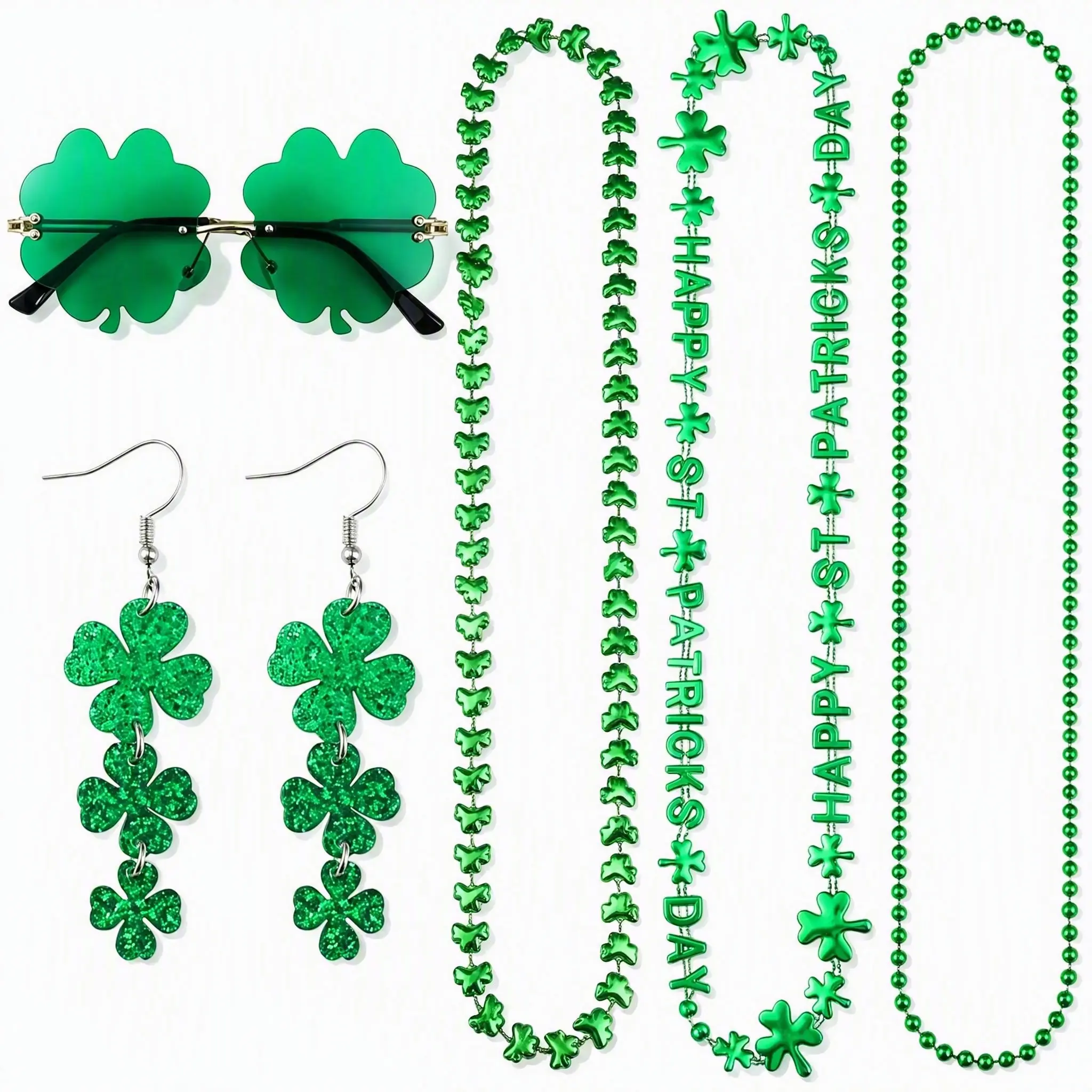 6PCS St. Patrick's Day Accessory Set – Irish Shamrock Jewelry & Glasses, Party Favor Kit for Women and Men