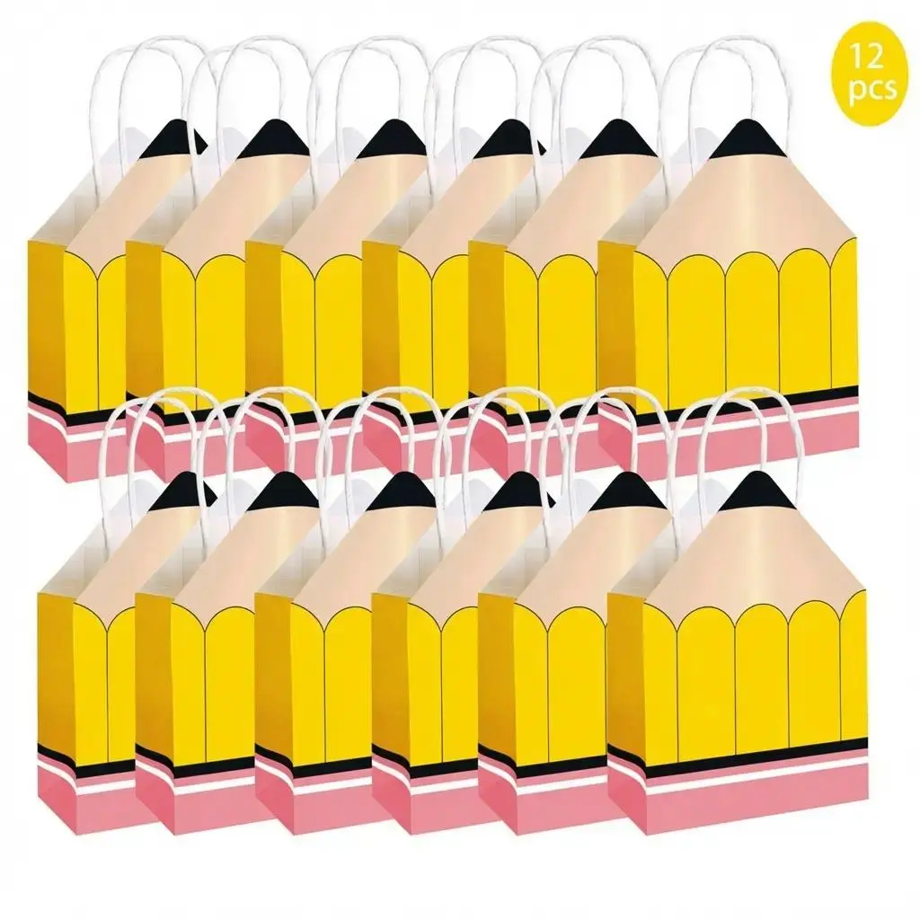 12 Pcs Pencil Paper Gift Bags Novelty Shape with Rope Handles Back to School Party Favors for Classroom Treats and School Gifts Teacher Supplies