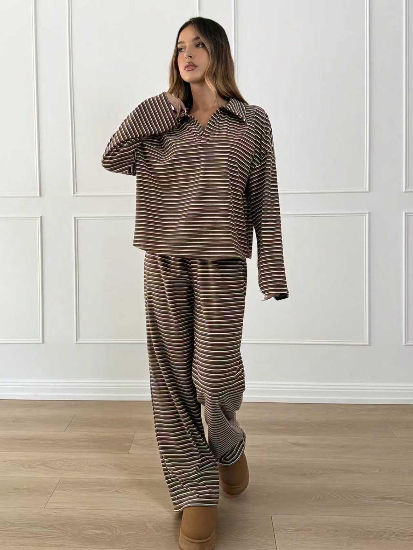 Korean Lazy Style Striped Two-Piece Set for Women, Turn-Down Collar V Neck Loose Bell Sleeve Top + High-Waisted Wide Leg Pants, Casual Home Wear Loungewear Set
