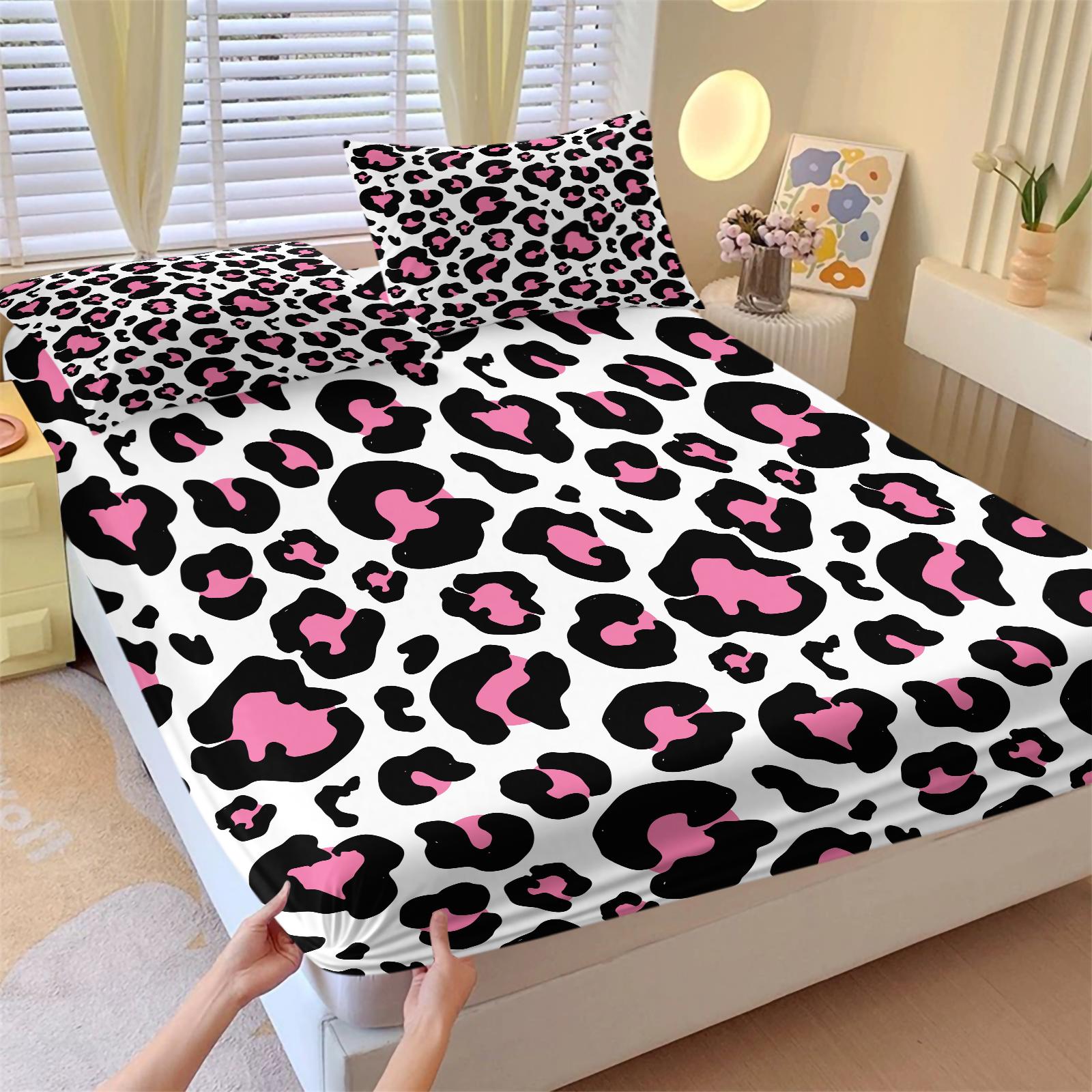 3-Piece Set Cute Leopard Print Bedding Set, Bed Sheet Sets, Decorative Bedsheet Sets, Includes 1 Fitted Sheet and 2 Pillowcases, Home Hotel Room Decor, Bedroom Decoration, Perfect Gift