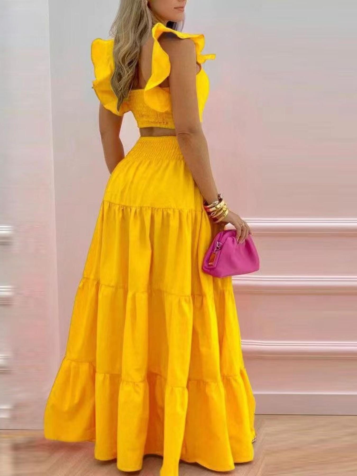 Sexy Vacation, Perfect for Daily Wear, Party Dress, Sleeveless Strap Top Ruffles Skirt Set, Elegant, Chic and Stylish, Ideal for Special Occasions