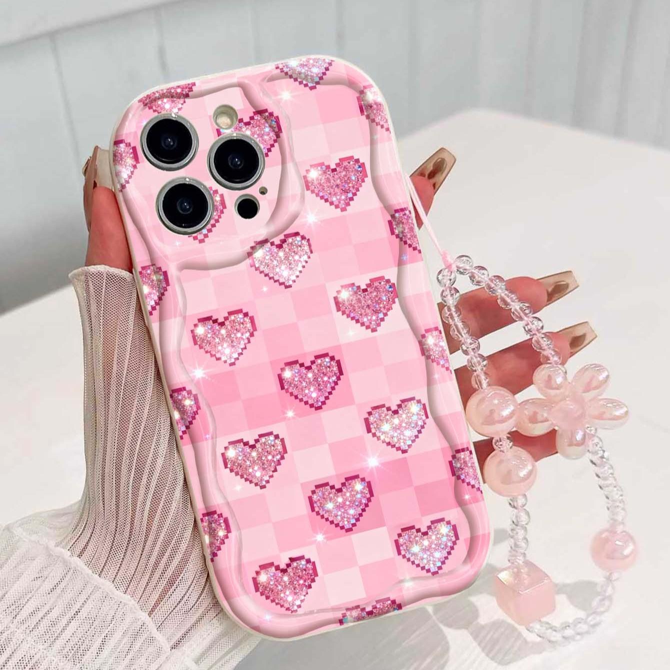 Grid Glitter Heart Lanyard Pattern Tpu Wave Edge Anti-Drop Phone Case for Apple iPhone 17 Pro Max/16/16 Pro Max/11/13/14/15, Girl's Gift