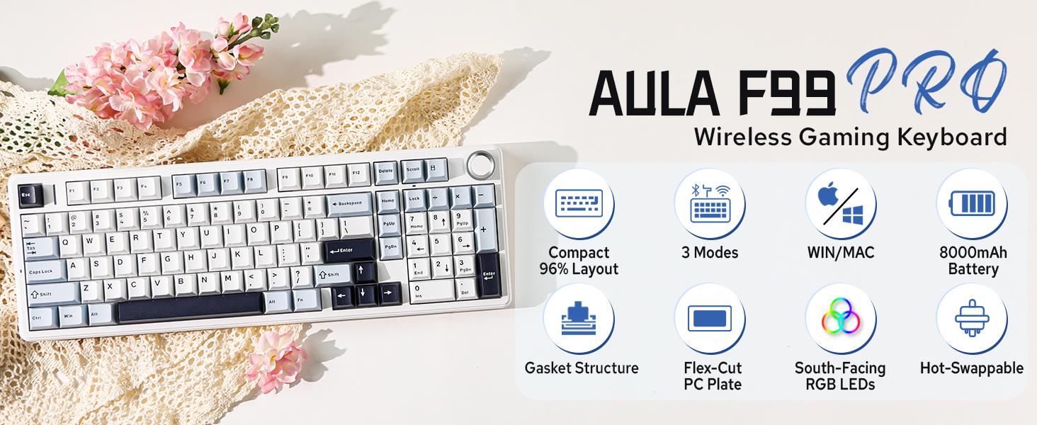 <urtechdaddy> Aula F99 Pro Wireless Mechanical Keyboard, Gasket Hot Swappable Custom Keyboard with Knob, RGB Backlit,Ice Vein Switch PBT Keycaps BT5.0/2.4GHz/USB-C Creamy PC Gaming Keyboard