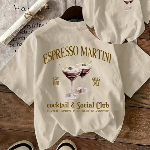 Women's Espresso Martini Cocktail Print Round Neck Tee, Casual Short Sleeve Loose T-shirt for Daily Wear, Ladies Sleepwear for Fall, Top, Womenswear, Graphic Casual Top