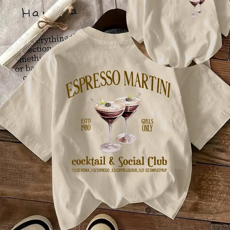 Women's Espresso Martini Cocktail Print Round Neck Tee, Casual Short Sleeve Loose T-shirt for Daily Wear, Ladies Sleepwear for Fall, Top, Womenswear, Graphic Casual Top