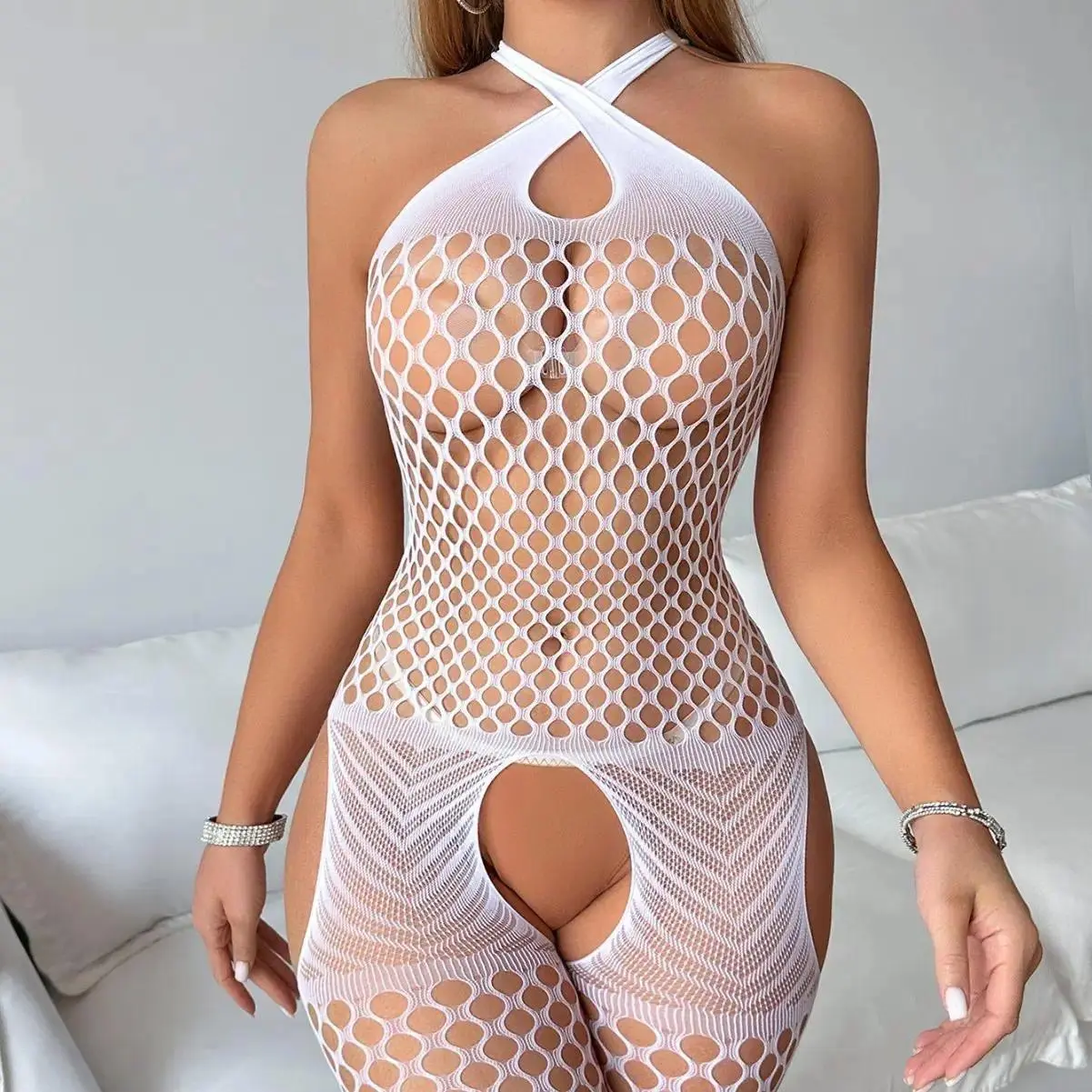Women's Fishnet Bodystocking with Attached Thigh Highs - Hollow-Out Lace Trim, Soft Nylon Mesh Sheer Stretchy Lingerie for Women's Sexywear,sohochic