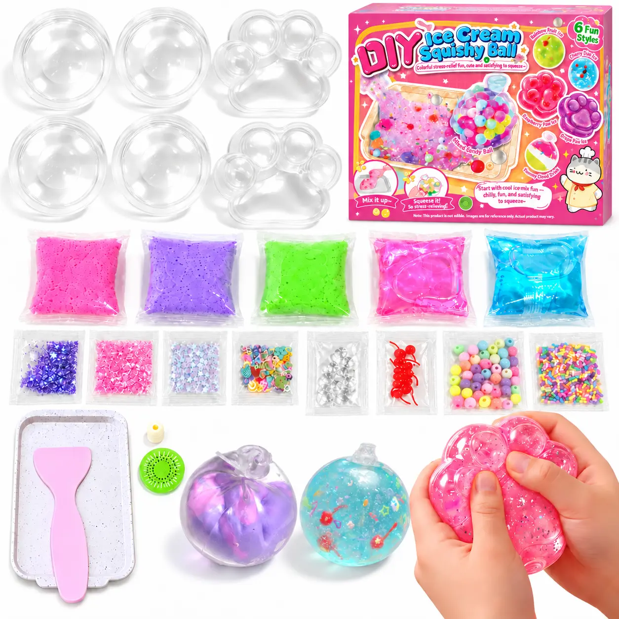 DIY Squishy Ball Making Kit with 25+ Accessories, Squishies Toys, Fidget Toys, Ice Cream & Drink Sensory Gel Squeeze Crafts, Cute Cat Paw & Boba Makers, Stress Relief Kids Gift (Makes 6 Styles)