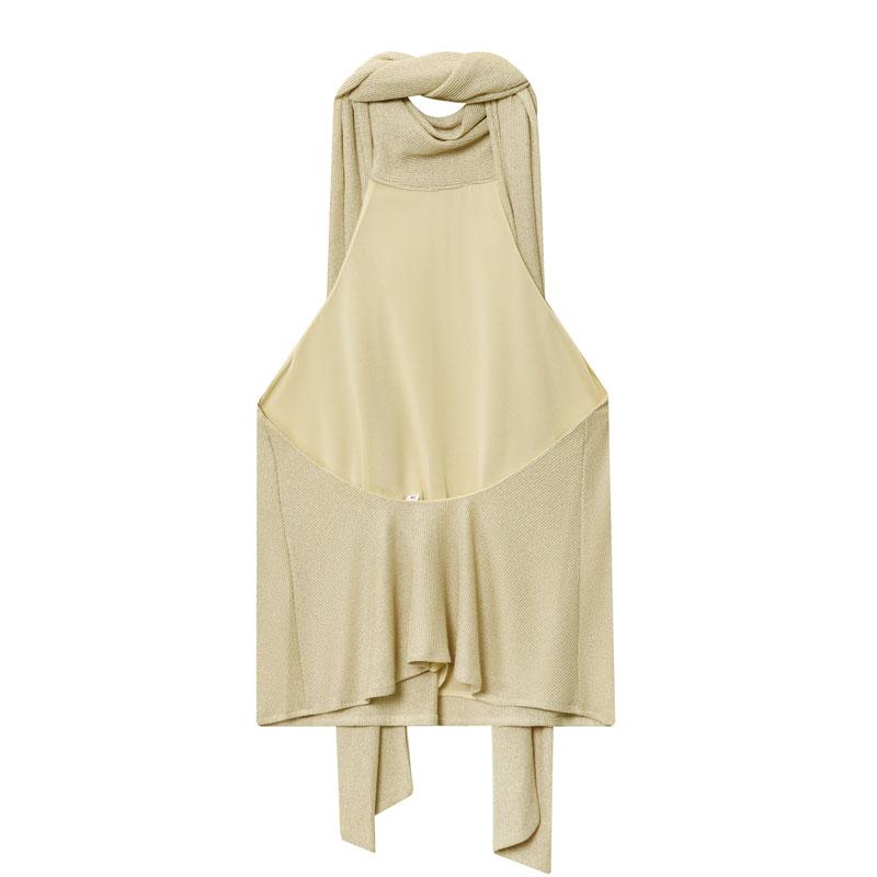 Beige Top With Scarf Detail Unique Draped Scarf - Neck Sleeveless Blouse Layered Women's Piece Metallic Thread Tank Top Resort Vests Elegant Spaghetti Strap