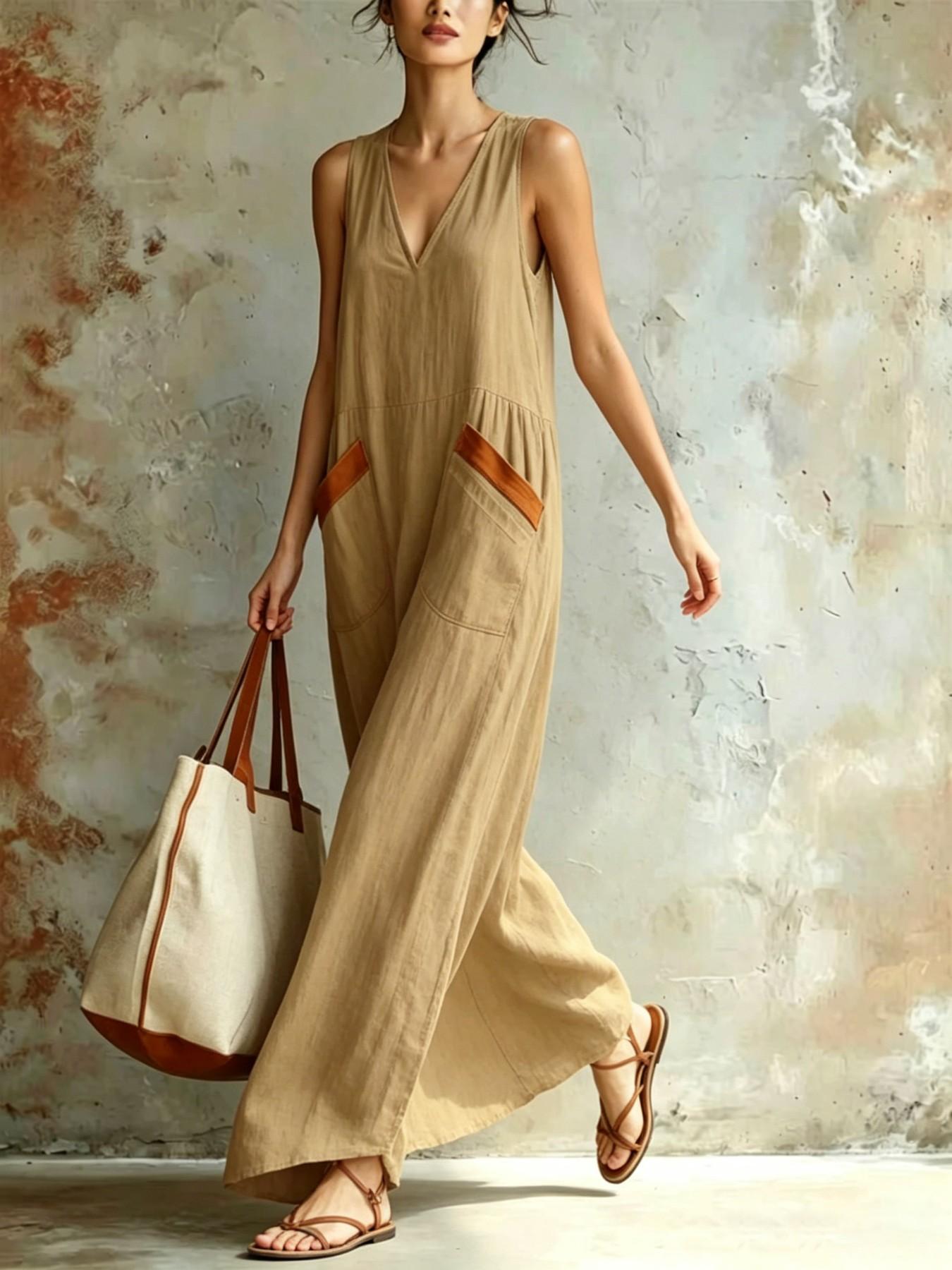 Women's Summer New Casual Fashion Chic Sleeveless V-Neck Loose Comfortable Lightweight Solid Dress, Summer Tank Dresses, Daily Commute, Trendy Ladies' Clothing