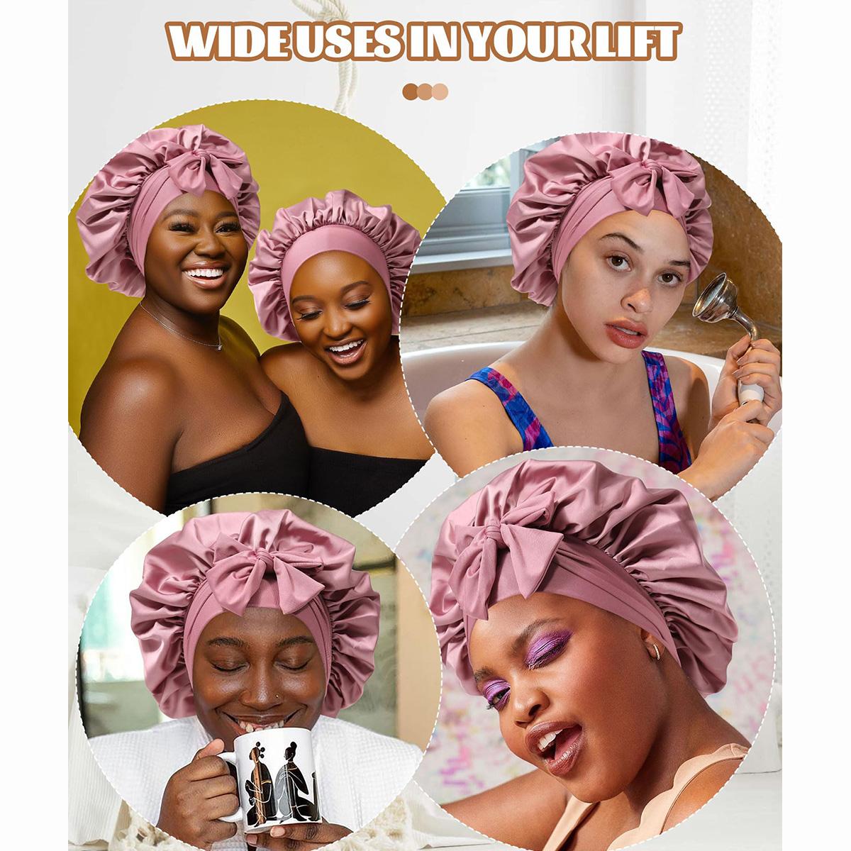 Reversible Double Layer Satin Bonnet for Women Silk-Like Bonnets for Sleeping Curly Hair Bonnet with Elastic Tie Band Sleep Cap Hair Wrap