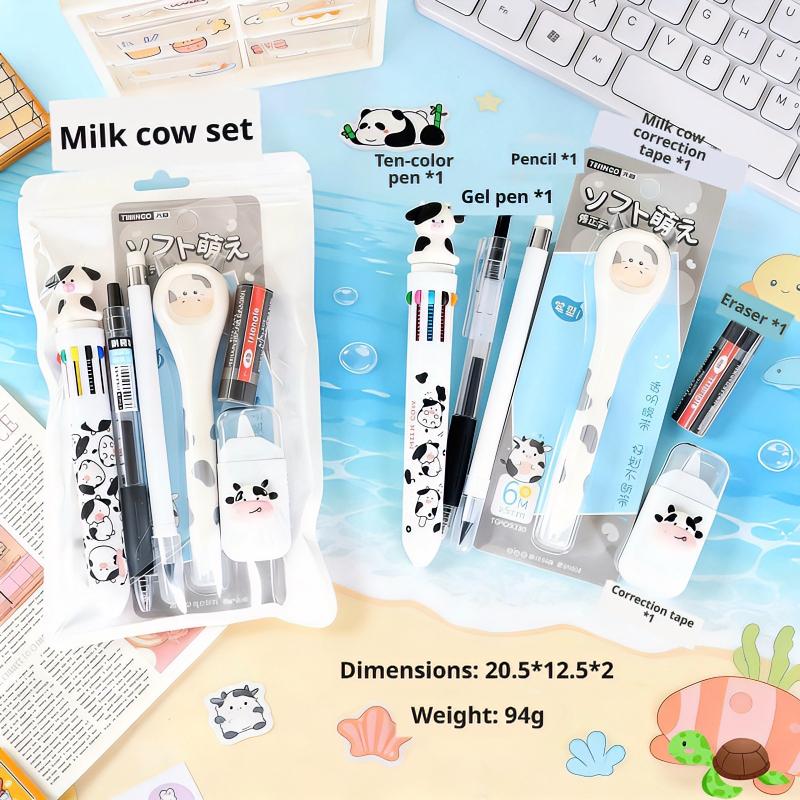 6/12 pcs Creative Theme Stationery Set, Includes Ten Color Pens, Eraser, Neutral Pen, Pencil, Correction Tape, Cow and Cat Themes, Multifunctional Writing Tools, Ballpen Set, Perfect Office & Study Supplies for Children's Day gift