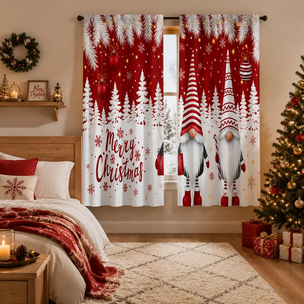 2 Piece Christmas Curtain Set, Snowy Forest Print, Santa Claus Trees Snowflakes, Festive Bedroom Decor