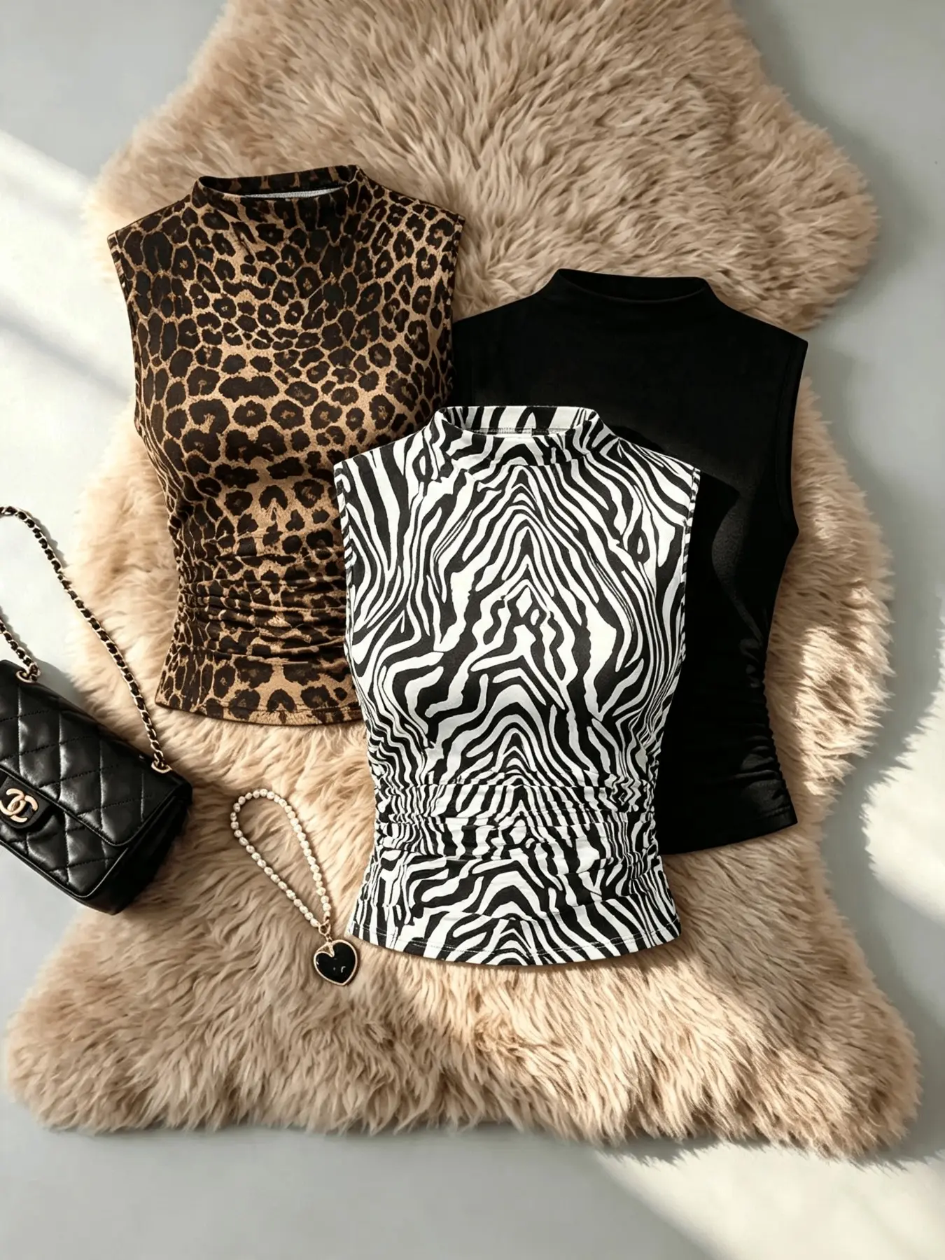 Elegant Leopard & Zebra Print Sleeveless Knit Vest Set, High-Quality Spring Summer Fitted Women's Tops, Slimming Waist Design, Versatile Fashion Wear