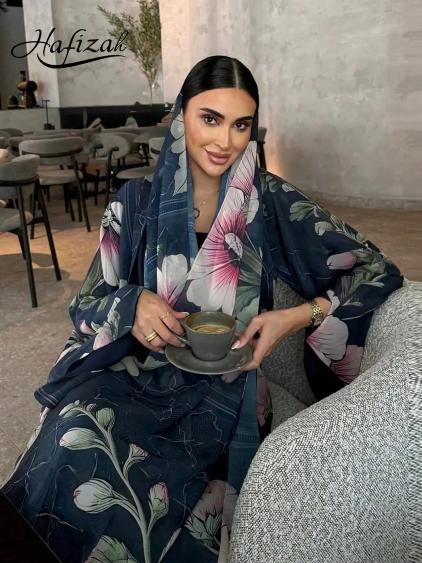 Elegant Floral Print Abaya Long Dress, Loose Fit Muslim Long Sleeve Open Front Islamic Clothing, High-End Daily Outerwear for Women