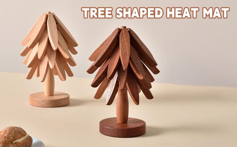 Wooden Trivets for Hot Dishes, Tree Shape Trivet Set, 4 Walnut Wood + 1 Stand stored Like a Christmas Tree,Foldable Kitchen Wooden Trivet,for Hot Dishes、Pot、Bowl、Teapot、Hot Pot Holder(Walnut Wood)-5