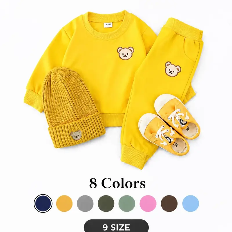 Baby's Two-piece Outfits without Hat & Shoes, Cartoon Bear Embroidery Sweatshirt & Elastic Waist Sweatpants Set, Baby's Clothes for Casual Daily Wear