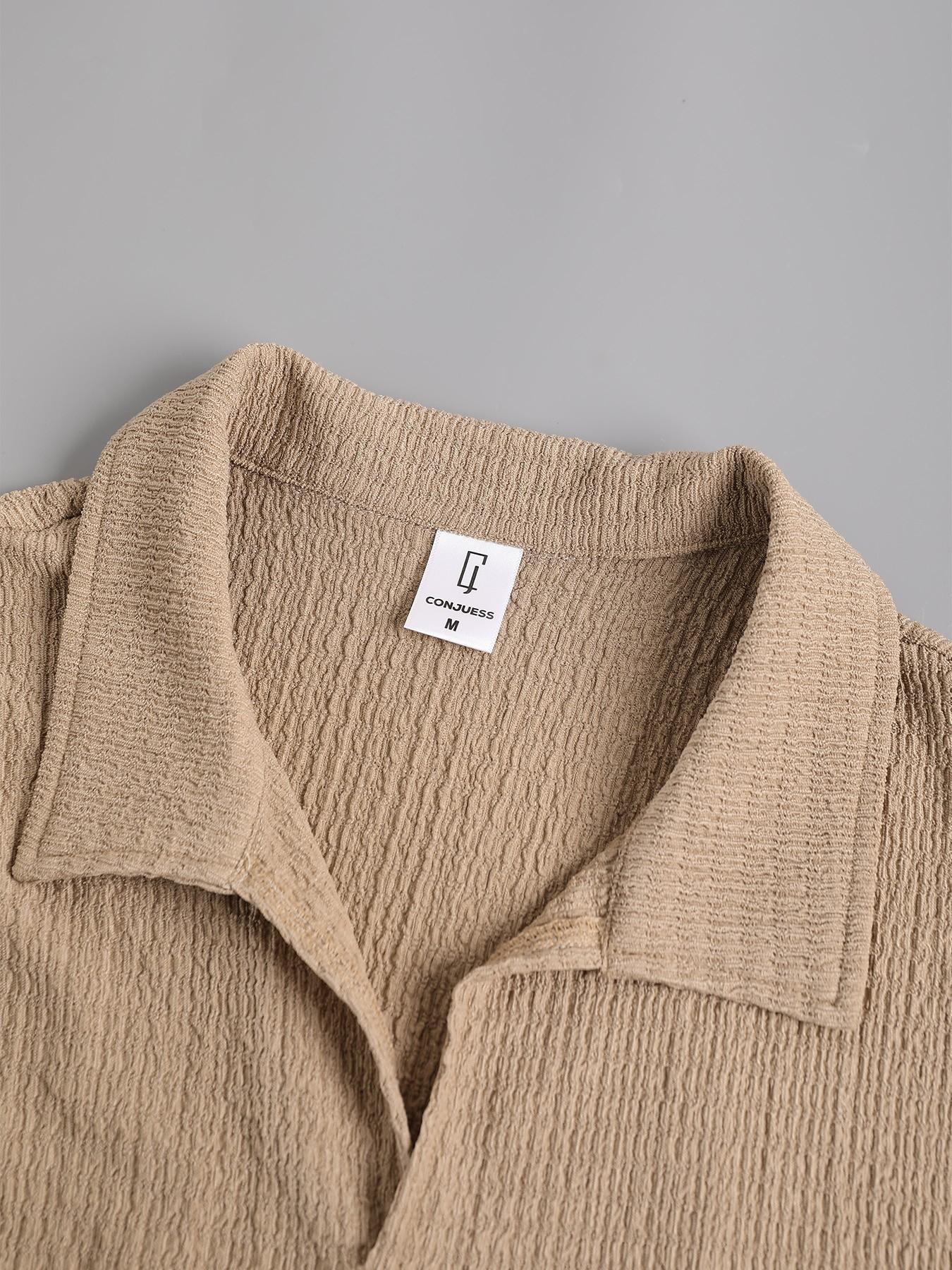 Men's Khaki Textured 2-Piece Loungewear Homewear Set - Short Sleeve Collared Shirt & Drawstring Waist Pants, Lightweight Breathable Fabric, Relaxed Fit for At-Home Lounging, Lazy Weekends & Casual Evenings