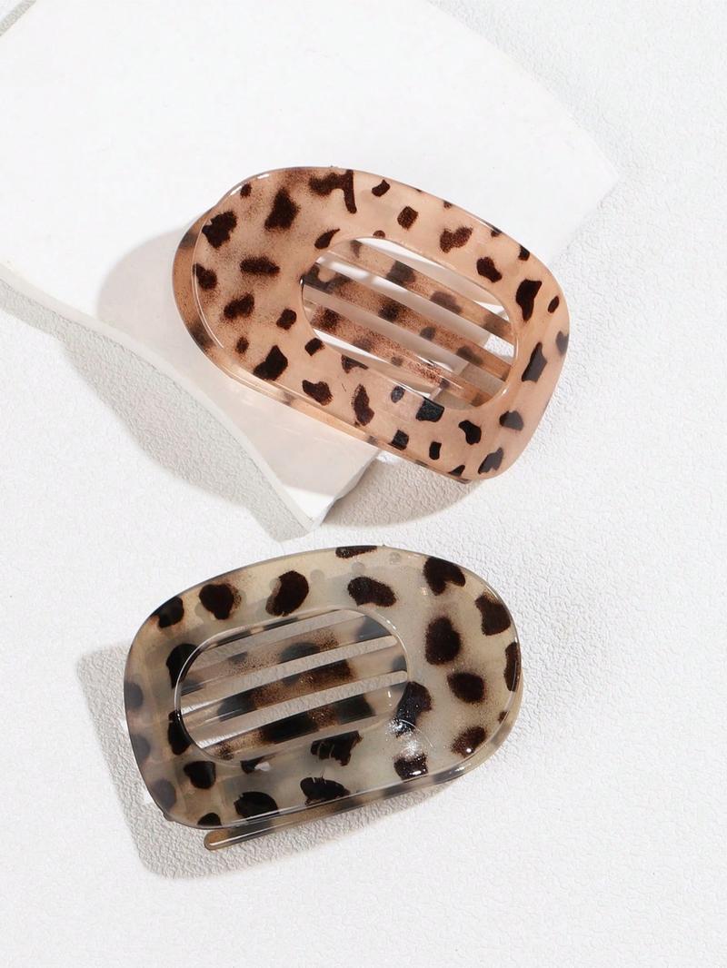 2-4pcs Flat Round Hair Clips, Solid Color + Leopard Print Combo, Women Daily Hairstyle Claws, Non-Slip Duck Mouth Clips, Curved Arc Design, Durable Plastic Hair Accessories, Vintage Minimalist Niche Hair Pins