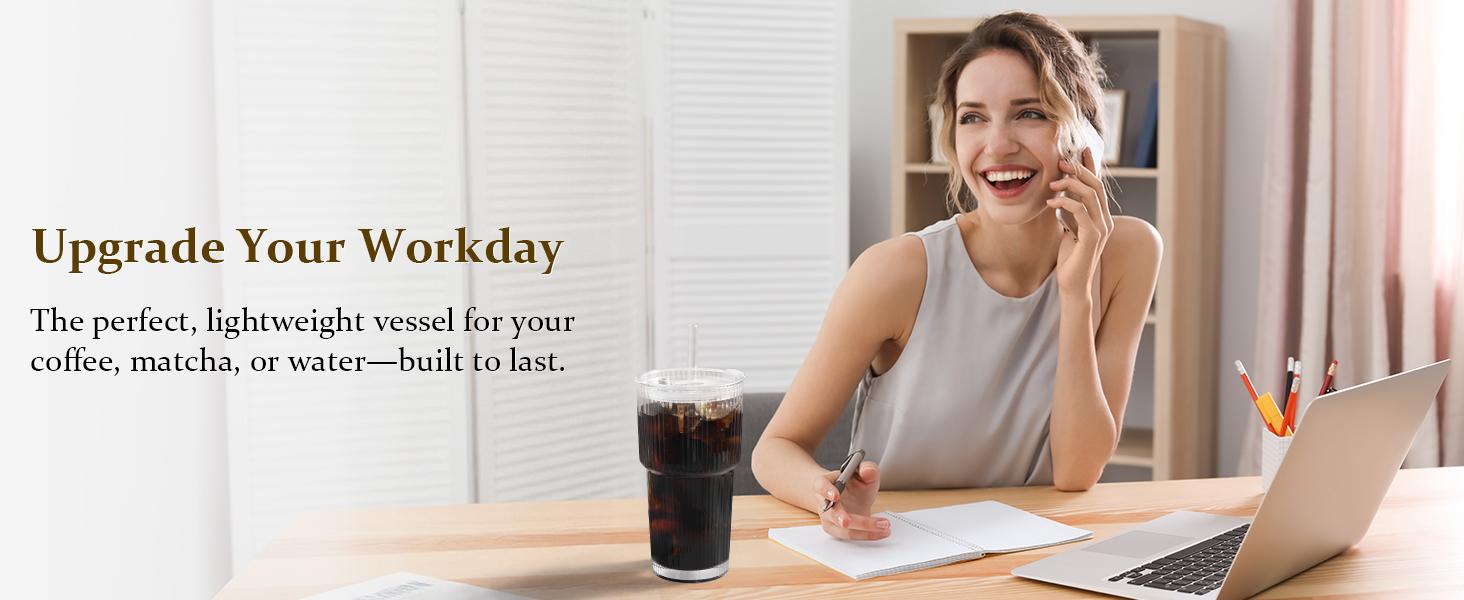 Iced Coffee Cups with Lids: Coffee Bar Accessories - Ribbed Glass Tumbler with Straw and Lid 4Pcs - 20oz Leak Proof Tumbler - Reusable Glass Cups and Tumblers with Lid and Straws for To Go Iced Coffee