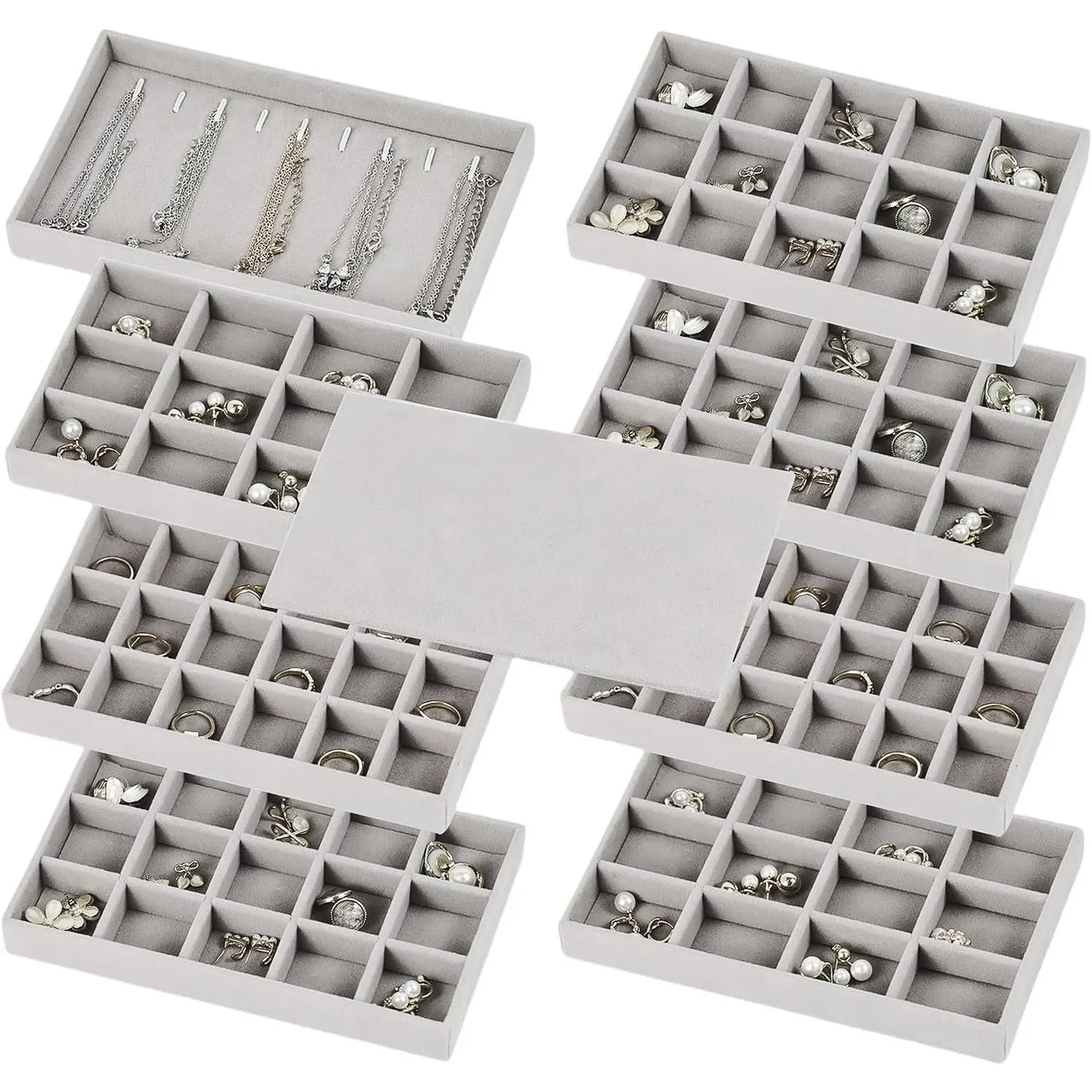 Gray 8-Piece Stackable Jewelry Organizer Trays with 1 Lid - Drawer & Dresser Storage, Adjustable Velvet Tray for Earrings, Necklaces, Rings, Bracelets, Display Case, Eight Pieces, Stackable Trays