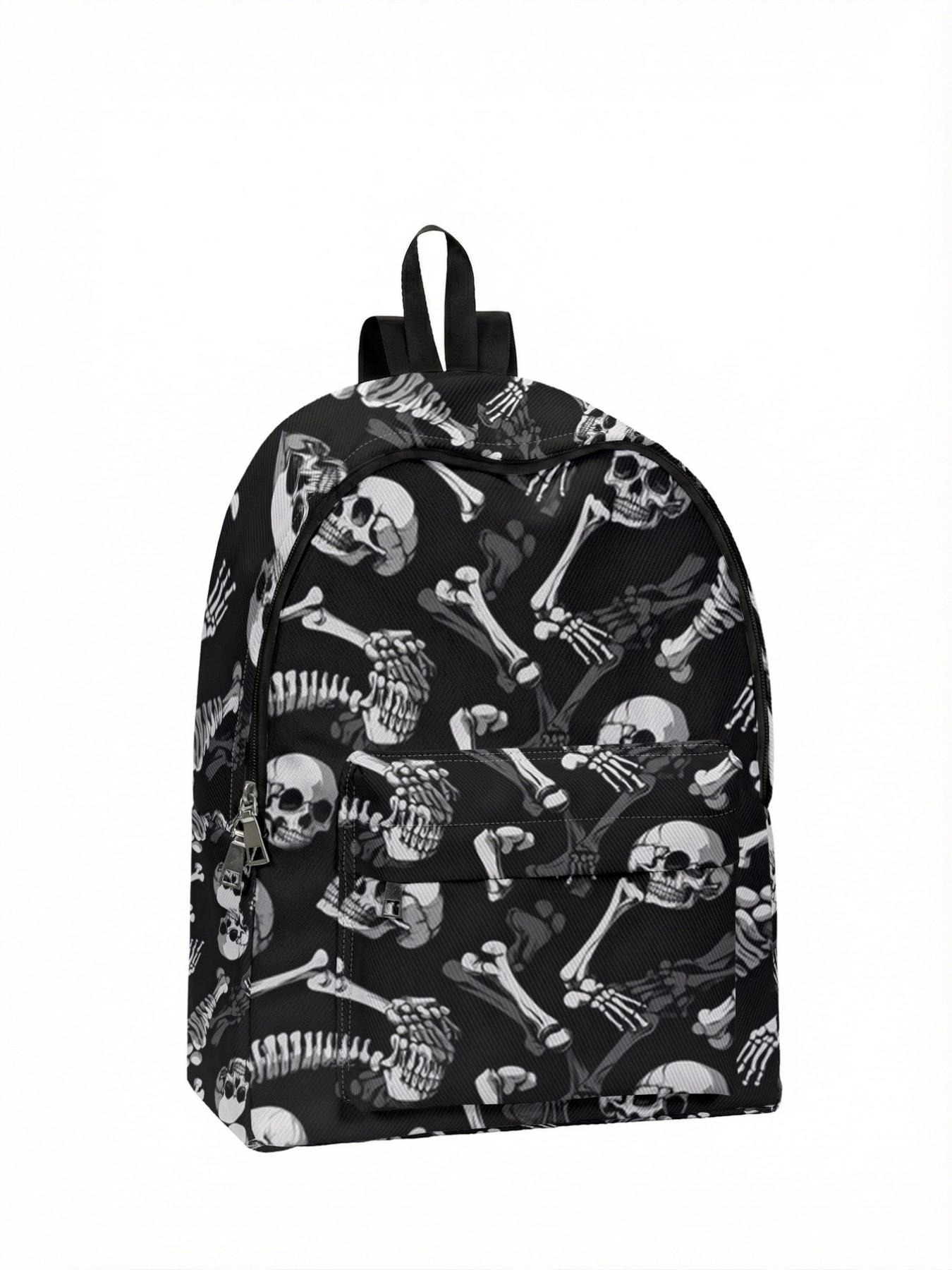 Skull Print Backpack, Fun Design, Fashionable Look, Spacious Storage, Ideal for School, Travel, Business Trips, All Seasons Use, Casual Printed Backpack