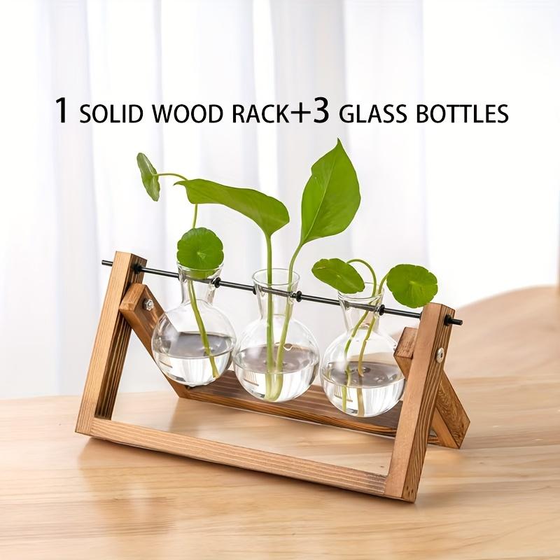 3 Pcs Vase Set, Solid Wood Frame with Glass Vases, Creative Wooden Rack for Spider Plants, Aquatic Plant Decor, Office Desk Decoration, Gift for Friends