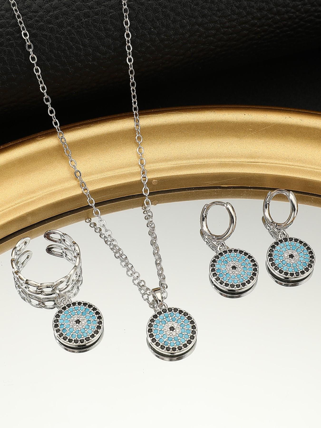 3 Piece Set Silver Color Turkish Evil Eye Blue Zircon Necklace Earrings Ring Set, Women's Party Wedding Luxury Jewelry Gift