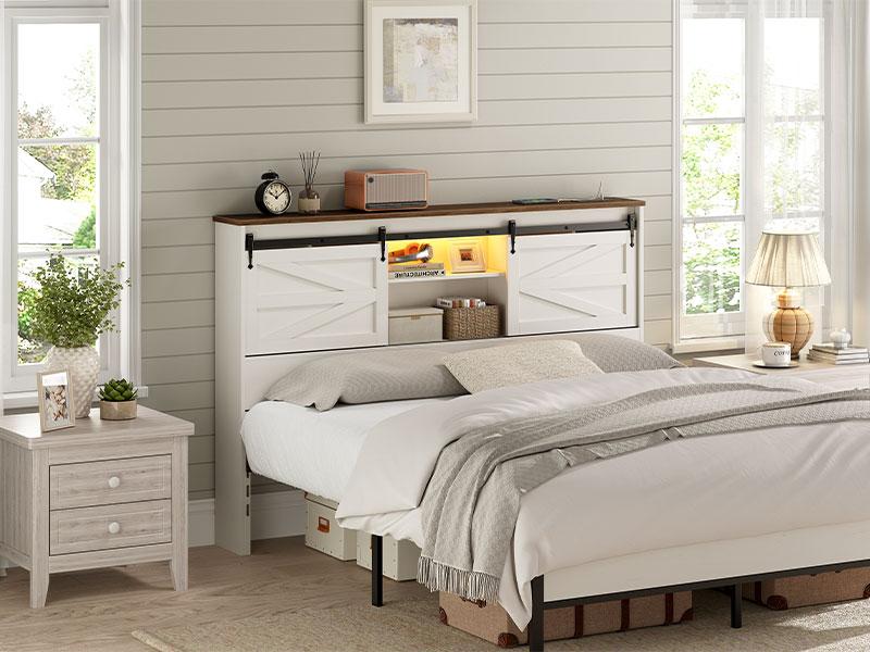 HOOBRO Queen Size Headboard Only for Bedroom, Farmhouse Queen Headboard with Charging Station & LED Lights, Wooden Headboard for Queen Size Bed, Bookcase Headboard with Storage Shelf and Barn Doors