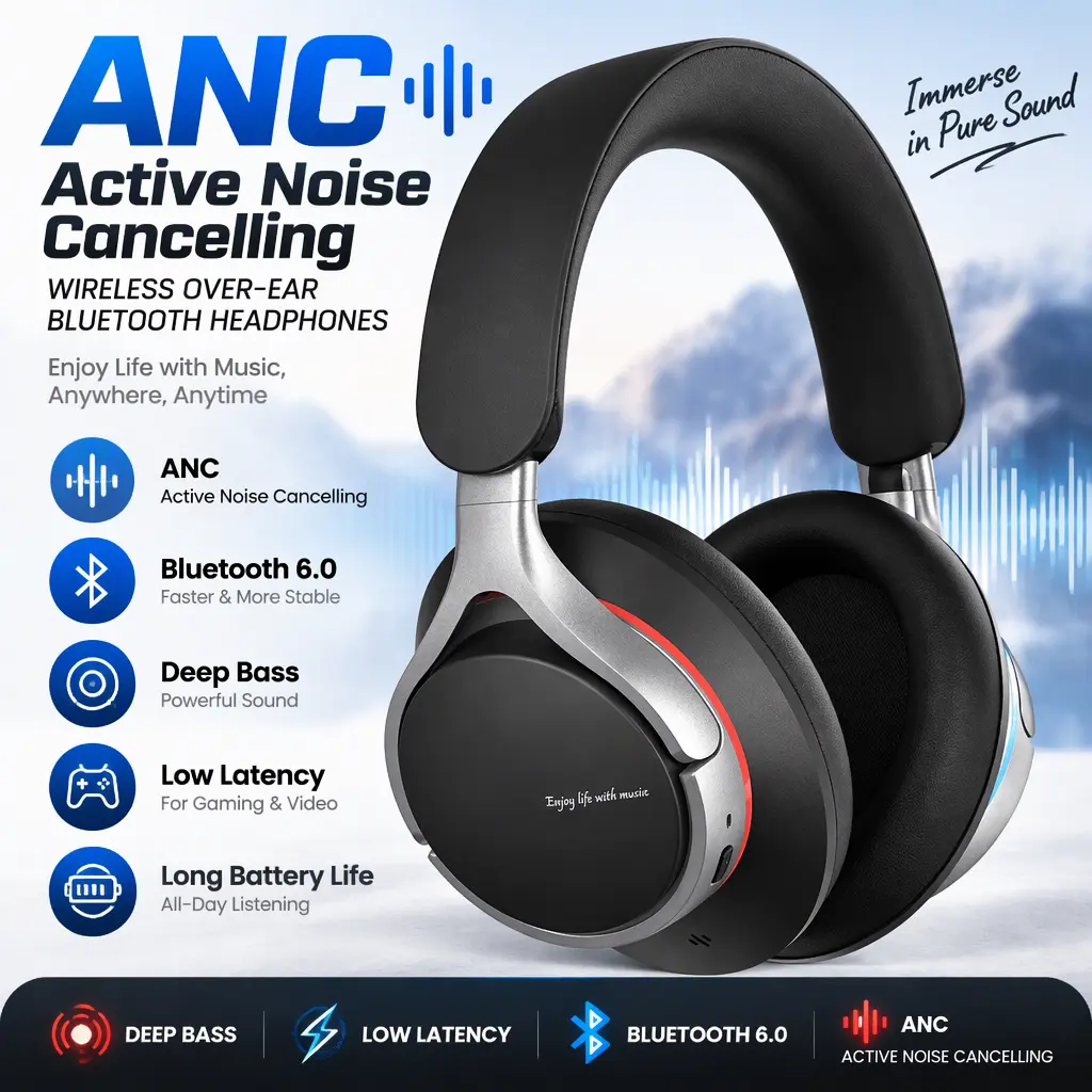 ANC Over-Ear Bluetooth Wireless Headset, Bluetooth 6.0 Version, Enhanced Bass Sound, Low Latency for Gaming & Music