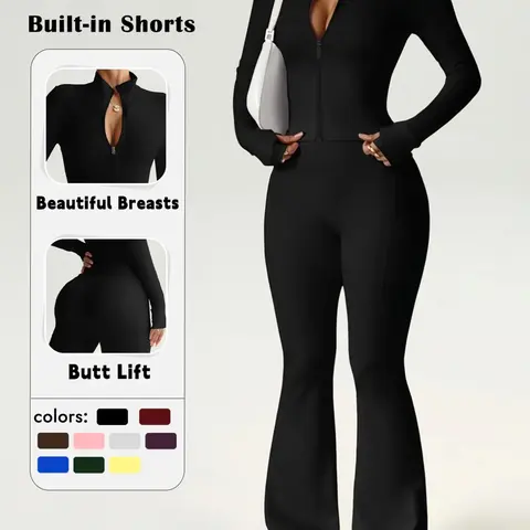 Women's Sporty Two-Piece Set, High Waist Yoga Pants & Long Sleeve Jacket, Soft Breathable Fabric, All Seasons Wear, Sport Suit
