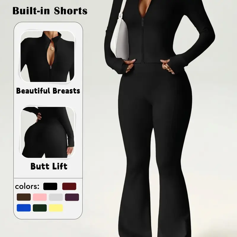 【Black Friday】Women’s Sporty Two-Piece Activewear Set, High-Waist Flare Yoga Pants and Zip-Up Long Sleeve Top, Soft Breathable Workout Outfit for Gym, Yoga and Everyday Wear