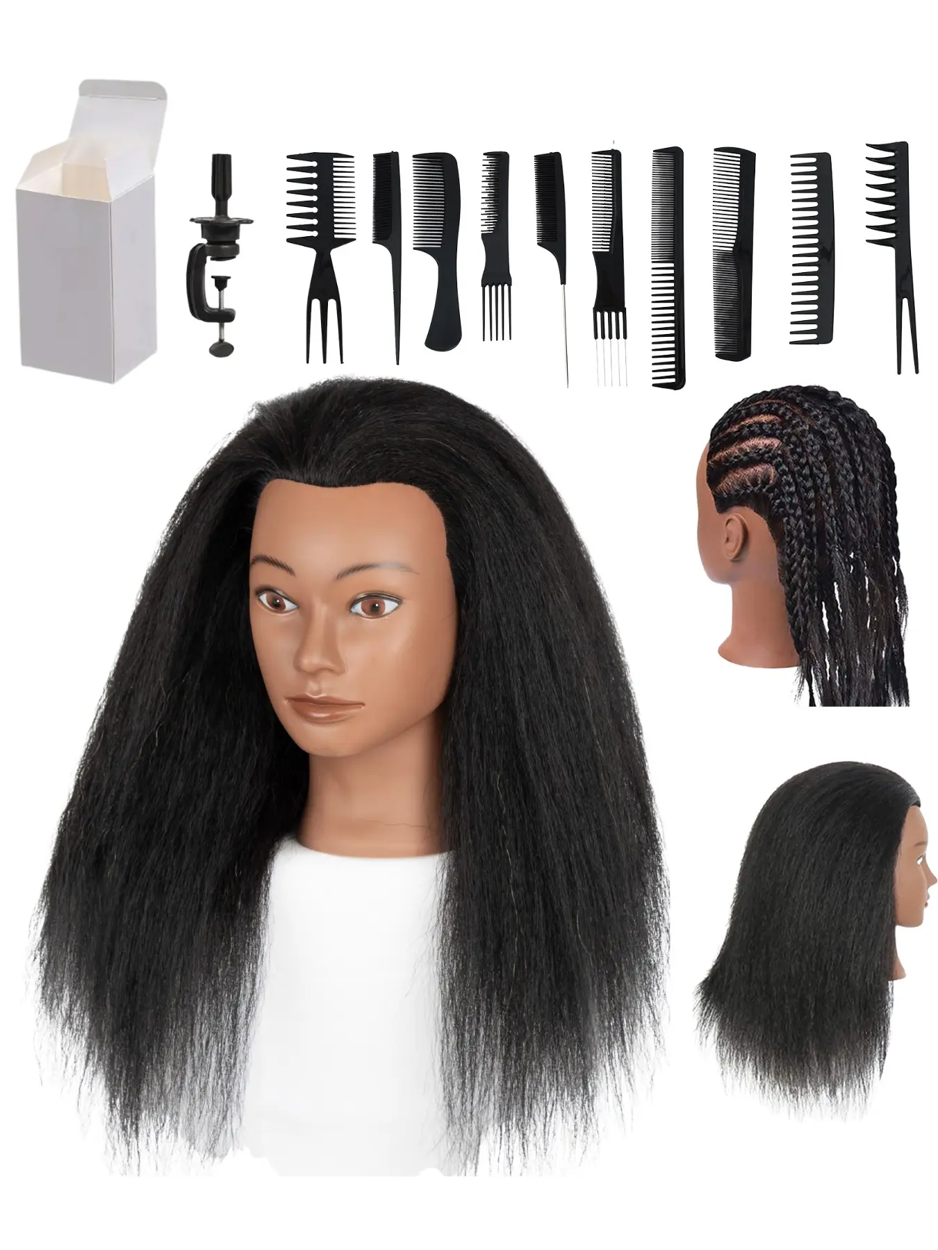 Dark Skin Yaki Straight Mannequin Head 100% Human Hair 16 To 20 Inch African Hair Training Manikin Head With Salon Comb Kit And Table Clamp For Box Braids Cornrow Braiding Styling Practice