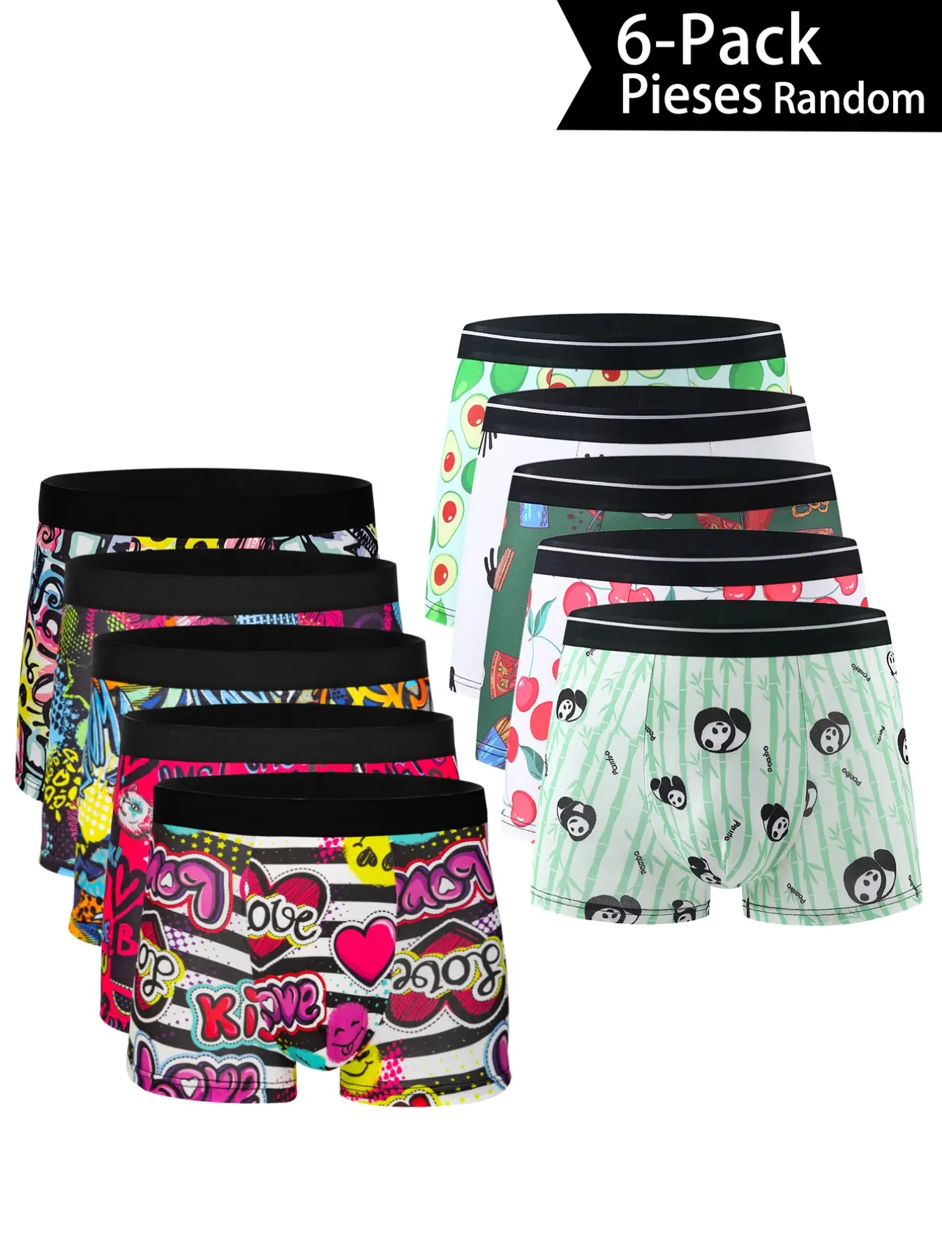 6 Pcs Random Pack Men's Trendy Print Boxer Briefs, Heart Cartoon Fun Pattern, Soft Fabric, Casual Slim-Fit Trunks for Young Men