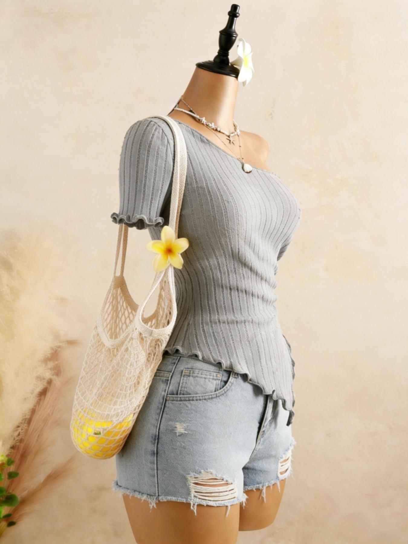 Two-Piece Asymmetrical Shoulder Knit Top, Side Drawstring Irregular Hem, Bold Short Sleeve Design, Perfect for Trendy Adjustable