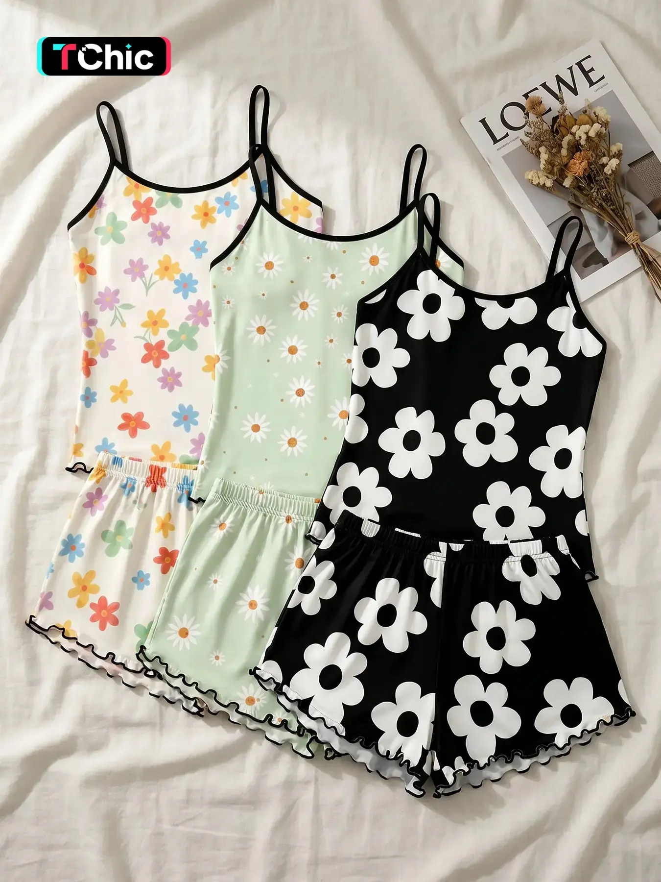 Women's 3 Pack Spaghetti Strap Cami Top and Shorts Pajama Set, Spring Summer Wear, Cozy Aesthetic Floral Print Ruffle Hem, Relaxed Soft Style, Comfort Sleepwear for Home Leisure