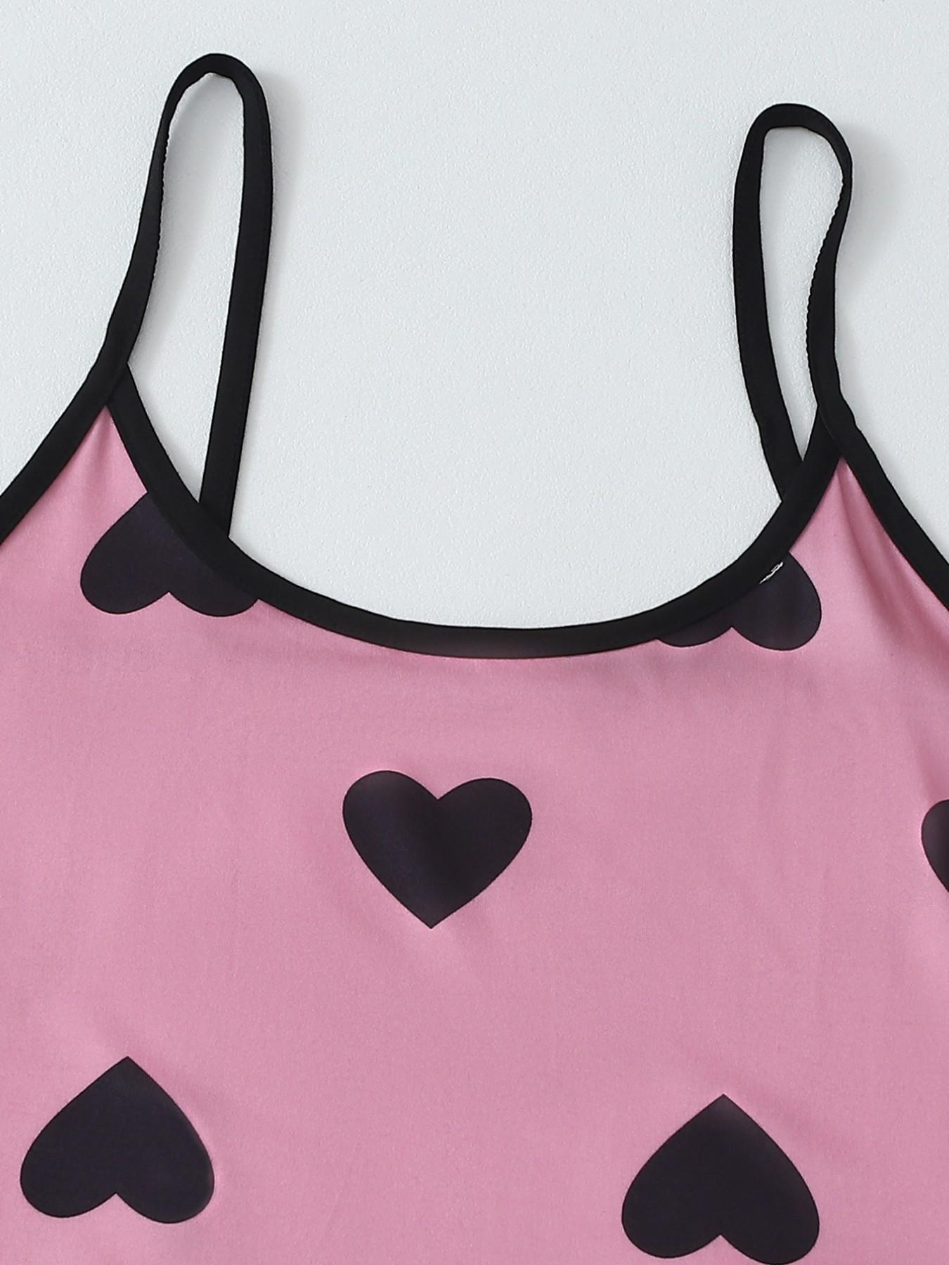 Aesthetic Pink Black Heart Pajama Set Women, Cami Top Shorts, Spring Summer Wearable, Heart Print, Relaxed Fit Loungewear