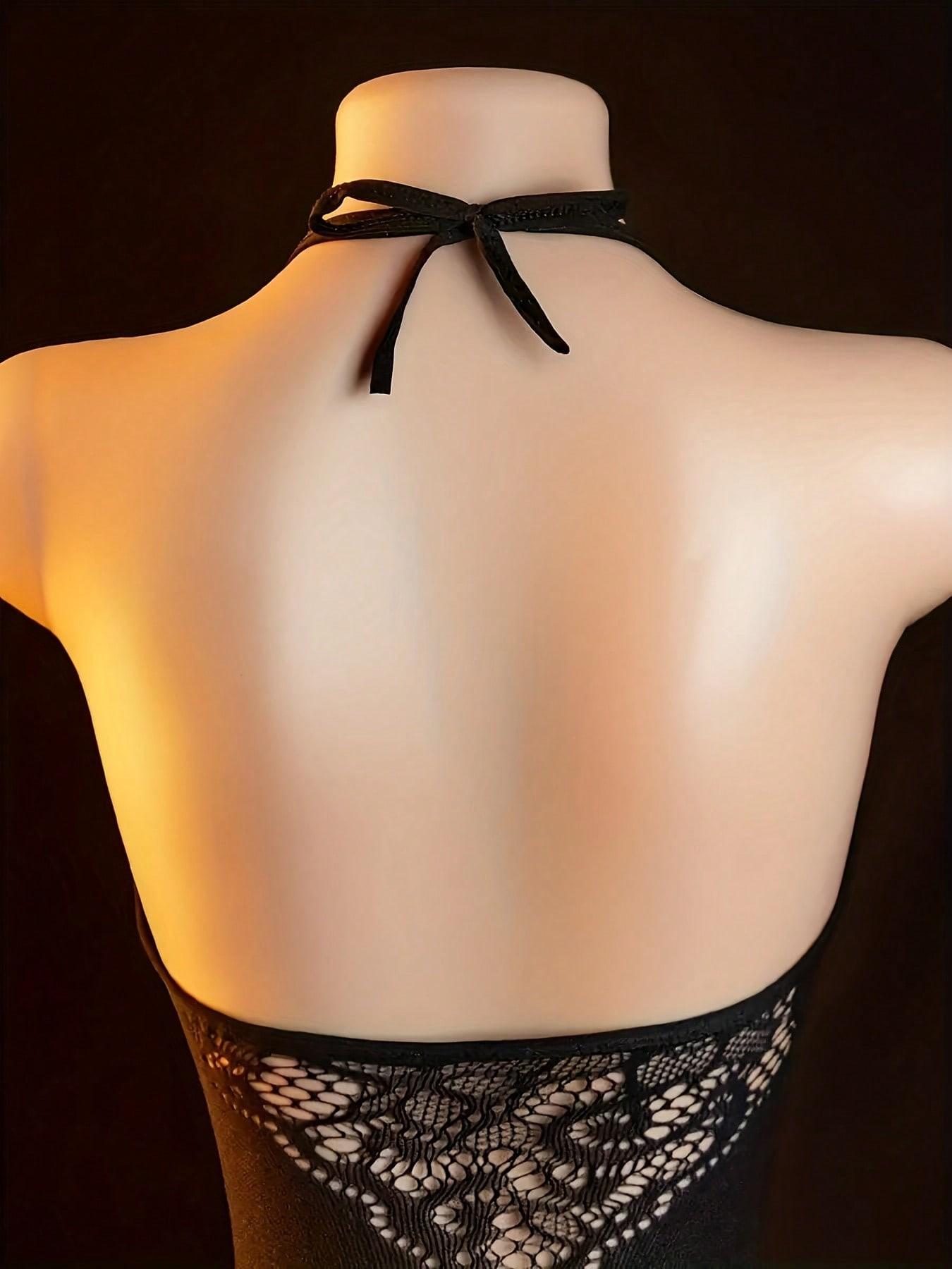 Women's Sexy Transparent Fishnet Bodysuit Set, Halter Floral Leotard with Mesh Socks, Romantic Valentine's Day Lingerie