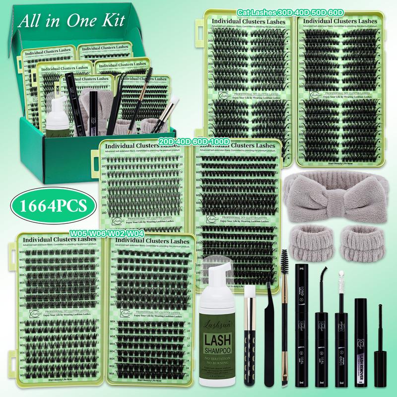 1664pcs/set D Curl Lash Clusters Kit, 12 Styles Cat-Eye & Volume Lashes Book with Bond and Seal, Lash Remover, Brush, Applicator, Headband, Wristband & Lash Shampoo, Perfect for Beginners & Professionals, DIY Eyelash Extensions at Home Easily