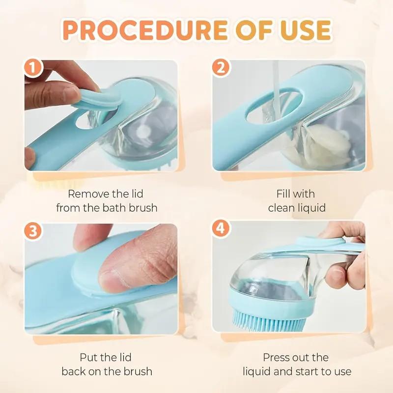 Two-In-One Pet Bath Brush with Handle, Soft Silicone Bristles, Shampoo Dispenser, Grooming Massager for Dogs & Cats, Long/short Hair