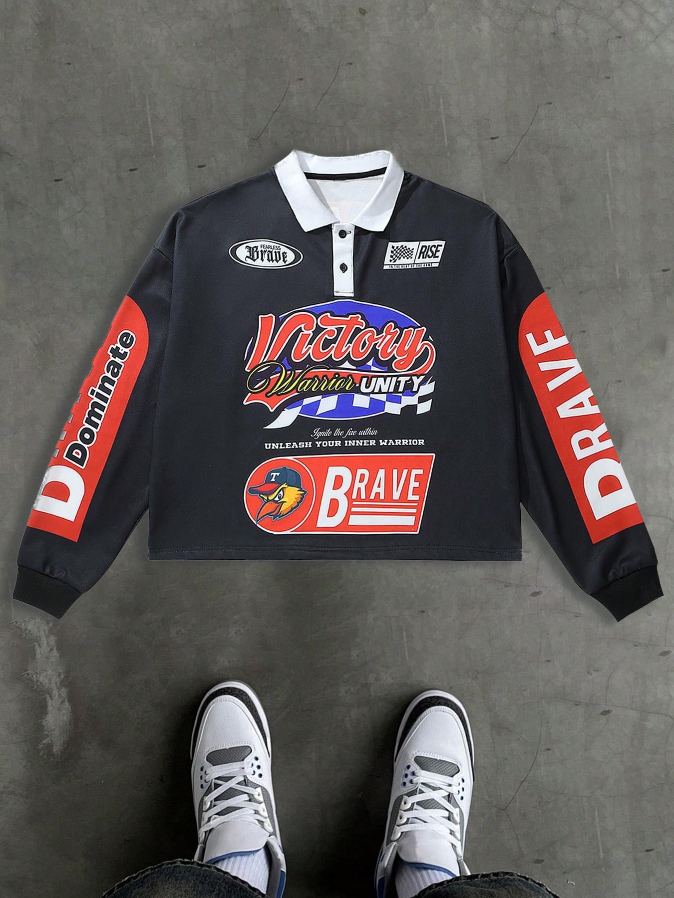 Men's Graphic & Letter Print Loose Fit Granddad Collar Polo Shirts, Sports Preppy Stylish Top For All Seasons, Men's Fall Outfits For Outdoors