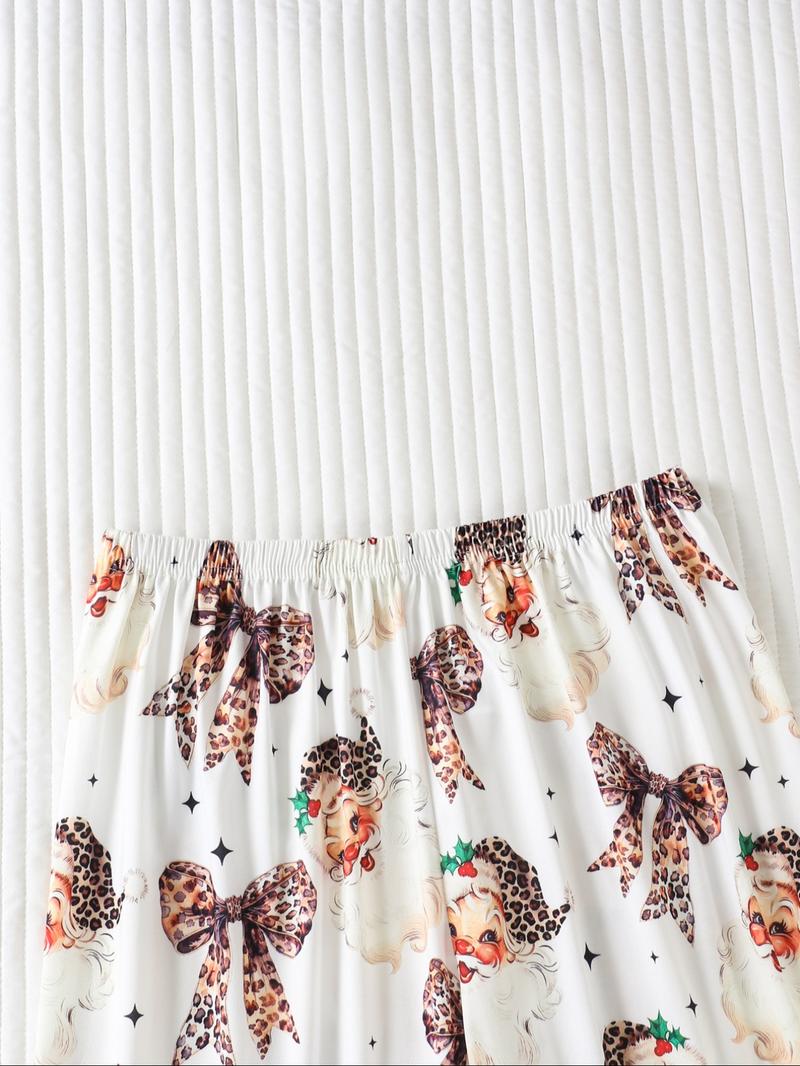 Women's Christmas Leopard Santa Claus Pajama Set, Long Sleeve Sleepwear & Pants, Elegant Fitted Nightwear for All Seasons