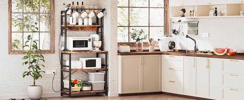 IRONCK Bakers Rack with Power Outlet, Microwave Stand with Storage, Coffee bar with 9 Hooks, 5 Tier Large Storage Capacity and Strong Metal Material for Kitchen, Vintage Brown Easy to Assemble