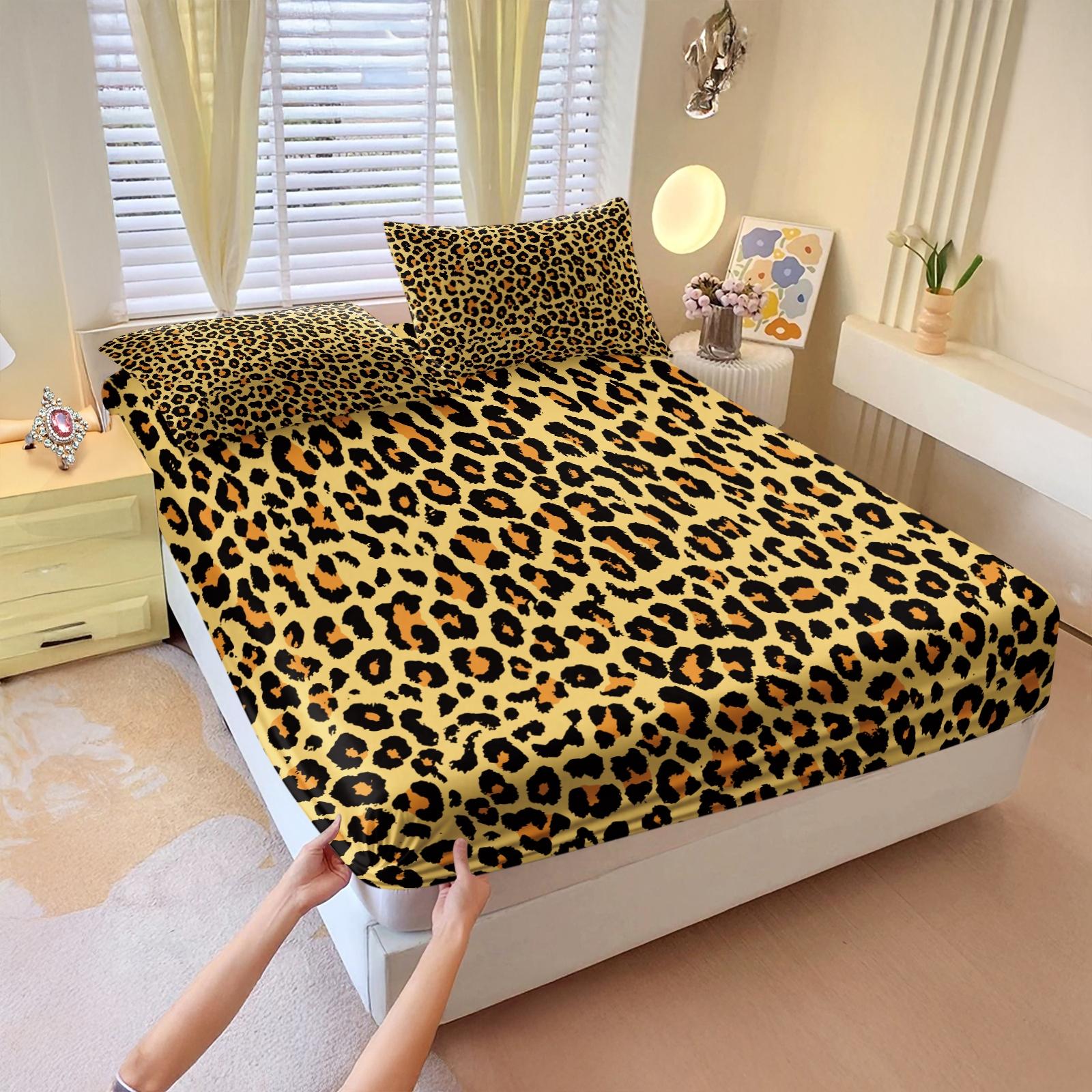 3Pcs Classic Leopard Print Luxury Vintage Boho Fitted Sheet Set, Elastic Edge Wrap Around Mattress, Wrinkle Resistant Non-Slip Easy Care, Ideal Housewarming Birthday Christmas Gift