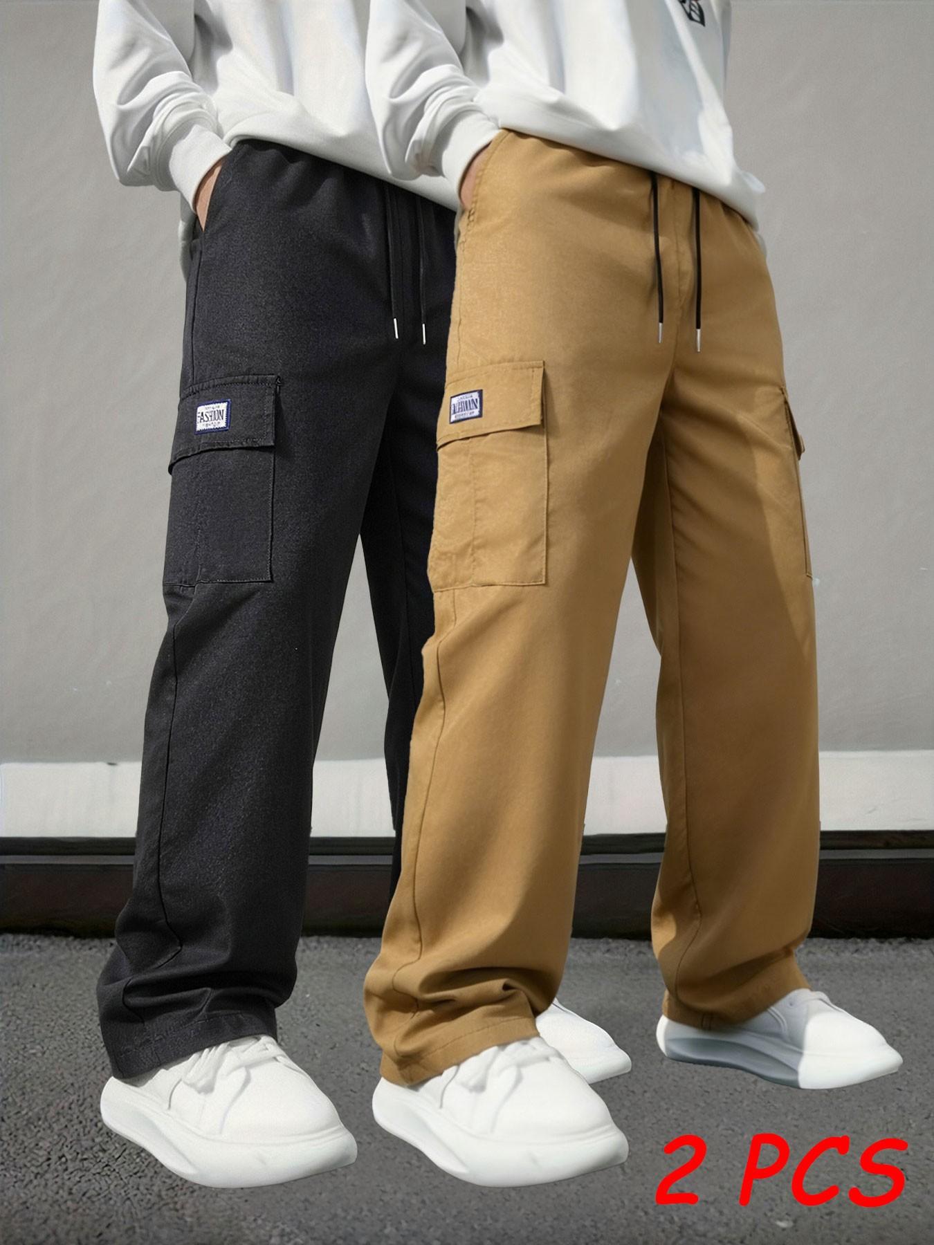 Men's Work Pants 3-Pack, Casual Tie-Waist Loose Fit Straight Leg, Multiple Pockets, Breathable Lightweight Streetwear, //