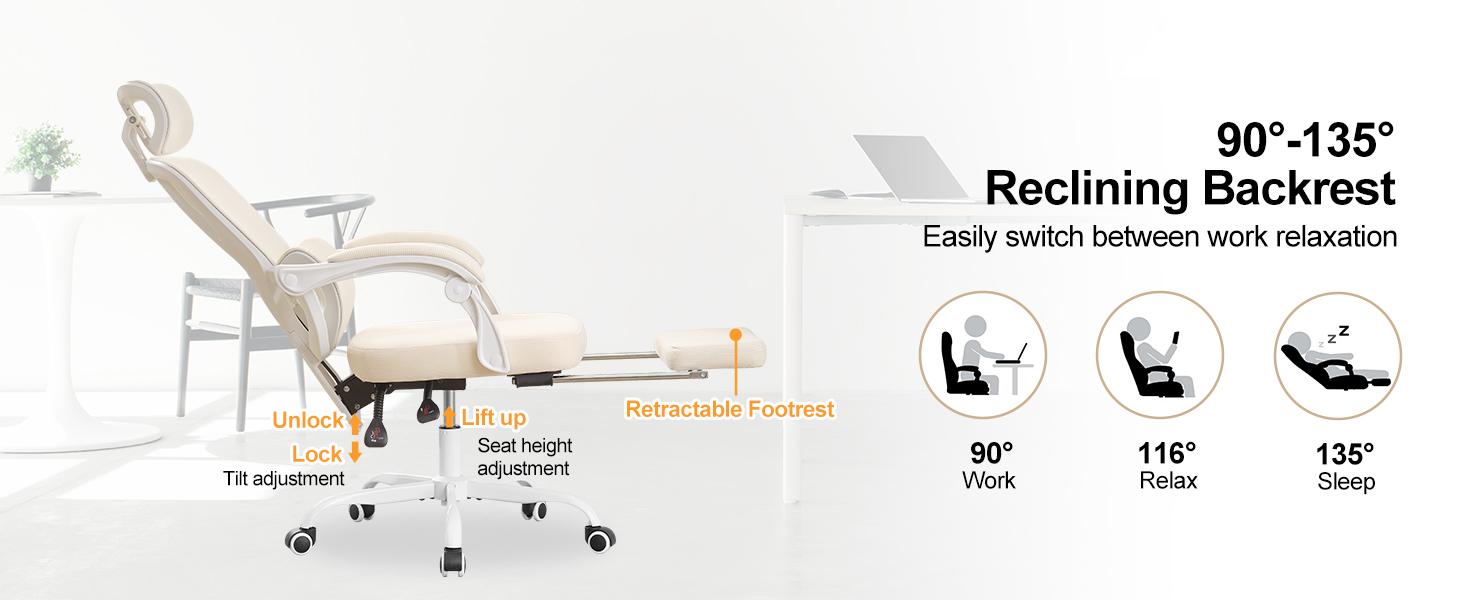 Ergonomic Office Chair with Footrest,Mesh Home Office Desk Chair with Adjustable Lumbar Support & Headrest,90-135 Comfy Reclining Chair,High Back Computer Executive Chair,360 Swivel Task Chair