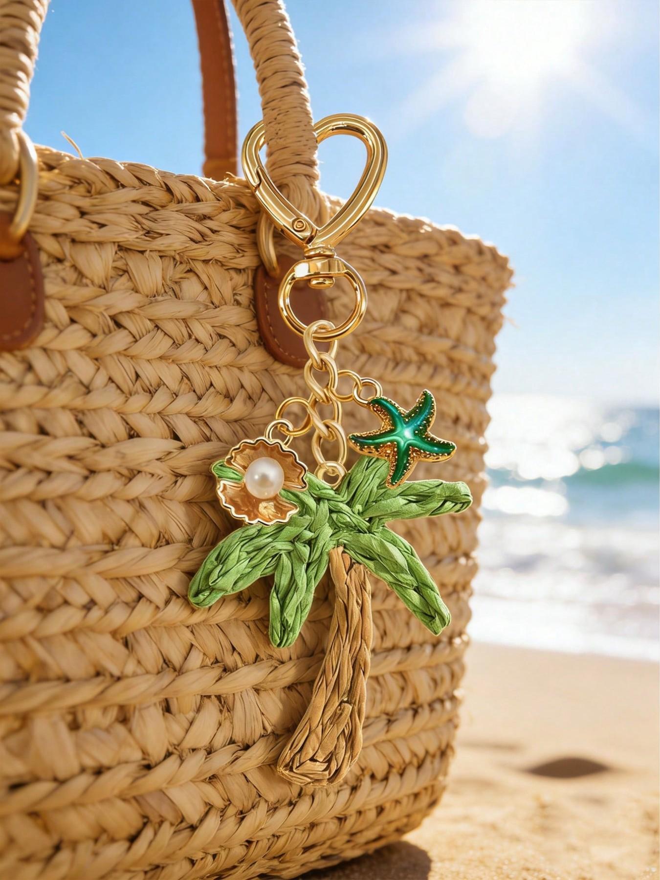 Handmade Coconut Tree Pendant with Shell and Starfish Elements, Bohemian Style, Woven Rattan, Ocean Alloy, Hawaii Style, Backpack Accessory